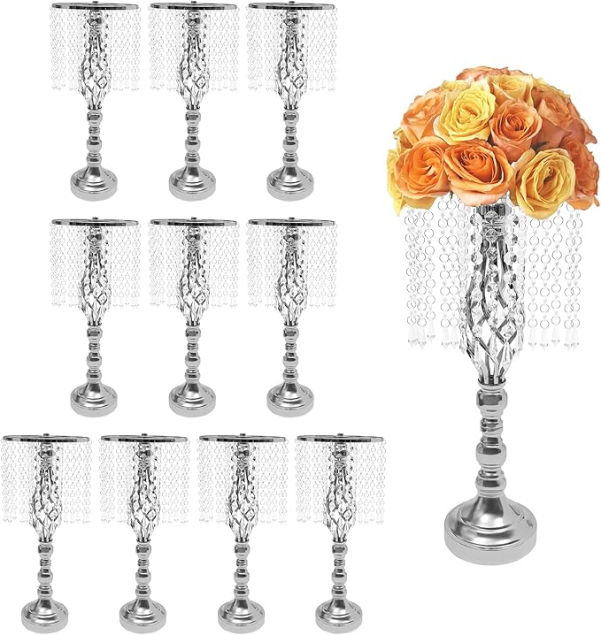 Vase | Bud Vases |10PCS Gold Crystal Flower Stands | Elegant Centerpiece for Weddings & Events | for Wedding Table Centerpieces, Aisle Guides, Party Decorations (Silver)