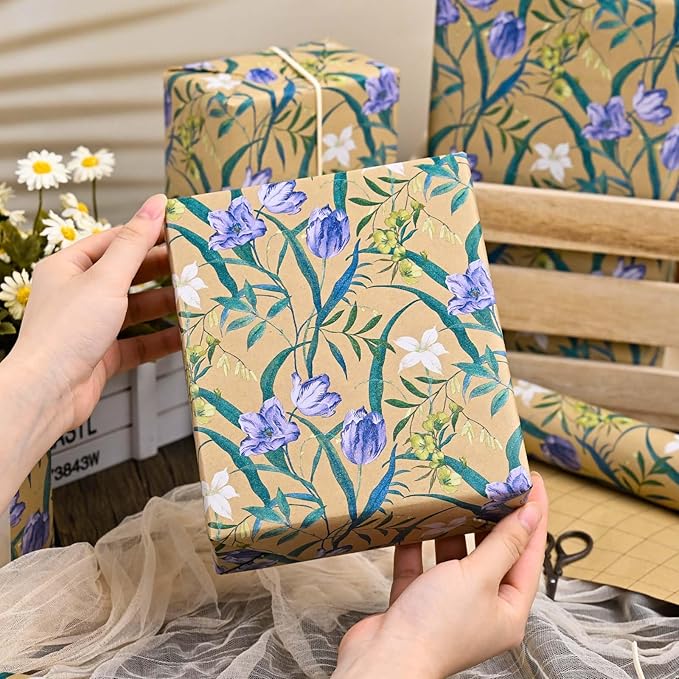 MAYPLUSS Floral Kraft Wrapping Paper Roll - 17Inch x 33Feet - Elegant Tulip Gift Wrapping Paper Watercolor Flower Gift Wrap Paper for Birthday, Mothers Day, Bridal Shower, Engagement, Valentine's Day