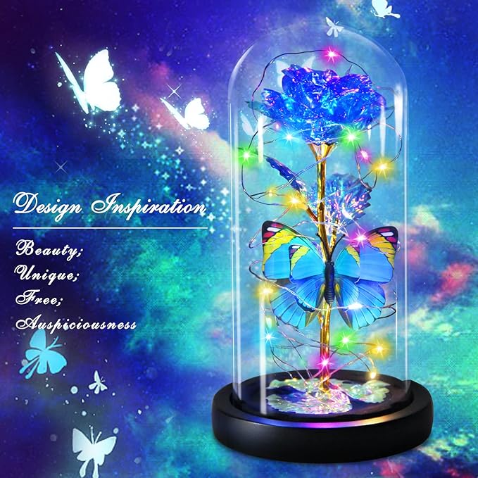 Blue Butterfly Rose Flower Birthday Gifts - Women Gifts for Her Valentines Mothers Day Anniversary Christmas Thanksgiving - Light Up Rose Flower Gifts for Mom Wife Grandma Sister Girlfriend Lady Girl