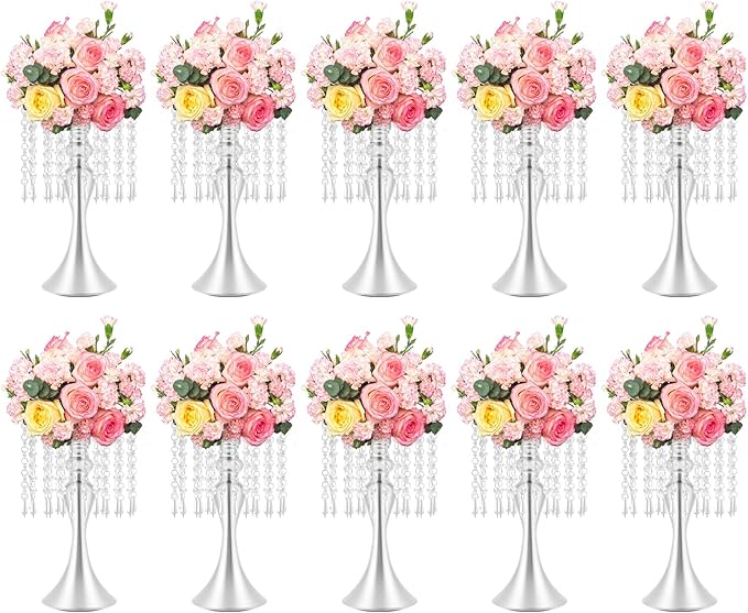 10PCS Silver Wedding Centerpiece Stands, 13.79 Inches Acrylic Crystal Flower Vases for Table Decor, Modern Silver Flower Stand for Wedding Reception, Party, Home Decor, Centerpieces for Tables