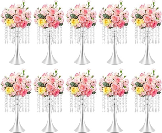 10PCS Silver Wedding Centerpiece Stands, 13.79 Inches Acrylic Crystal Flower Vases for Table Decor, Modern Silver Flower Stand for Wedding Reception, Party, Home Decor, Centerpieces for Tables