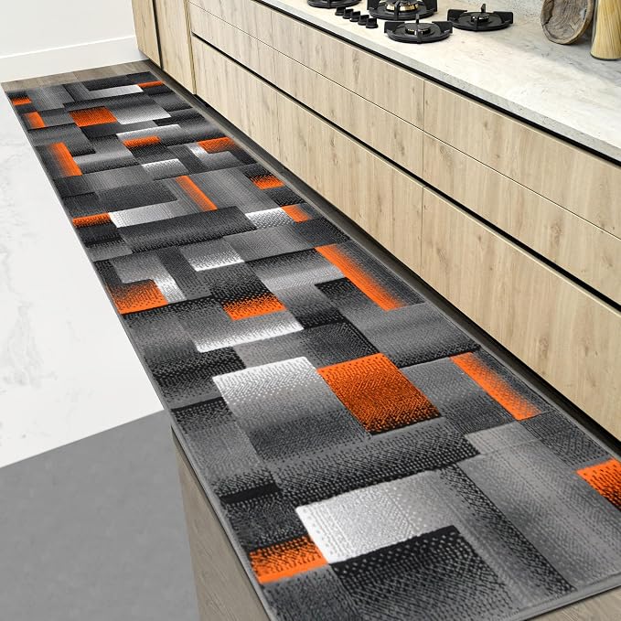 HR 2’ x 7’ Runner in Electric Orange - Premium Quality Orange/Black/Gray Abstract Geometric Modern Squares Pattern Area Rug - Contemporary Styling for Living Room, Bedroom - Unique Home Decor