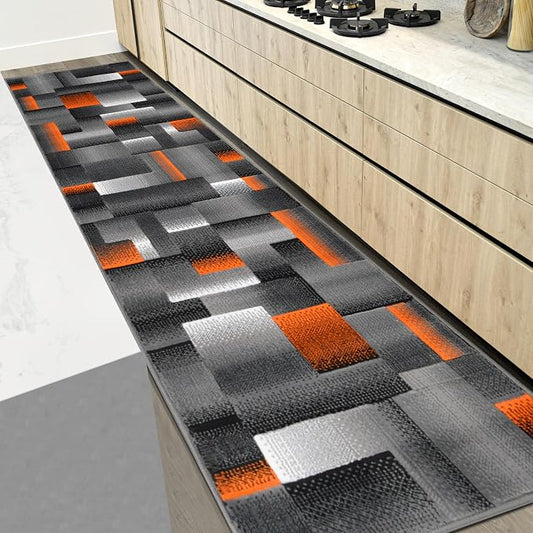 HR 2’ x 7’ Runner in Electric Orange - Premium Quality Orange/Black/Gray Abstract Geometric Modern Squares Pattern Area Rug - Contemporary Styling for Living Room, Bedroom - Unique Home Decor