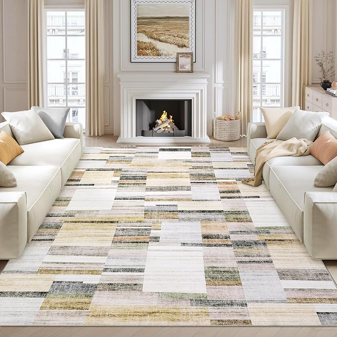 Washable Area Rugs 9 x 12 Rug for Living Room Geometric Modern Rug Non Slip Throw Rugs Large Bedroom Rugs Low Pile Stain Resistant Carpet for Dining Room Nursery 9'x12' Khaki&Grey