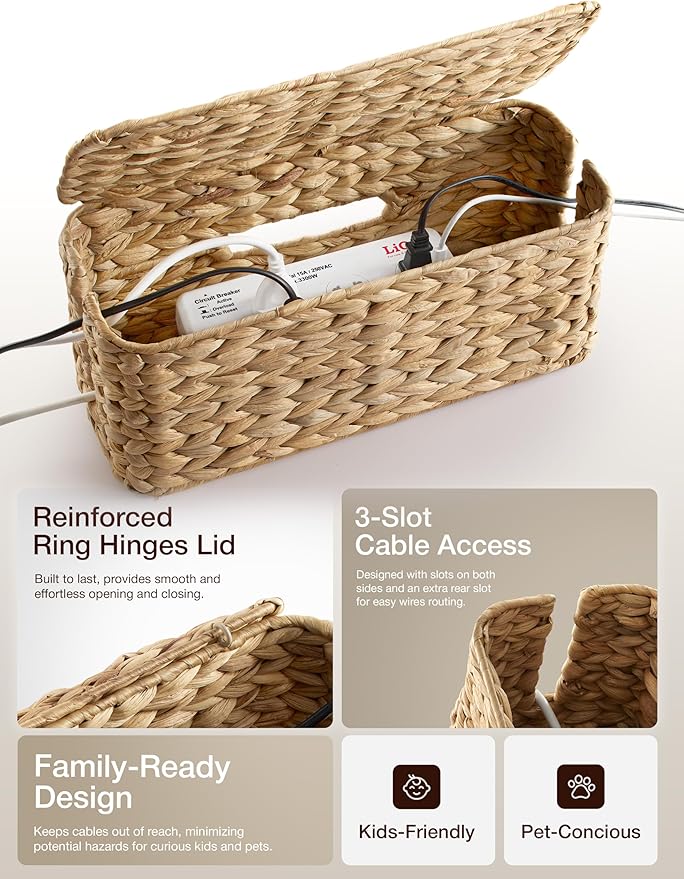 TIDITA Set of 2 Wicker Large Cable Management Box - Cord Box Hider for Home, Office - Water Hyacinth Cable Hider Box, Surge Protector Box for TV Wires, Computer - Power Strip Box - 3 Slots, Secure Lid