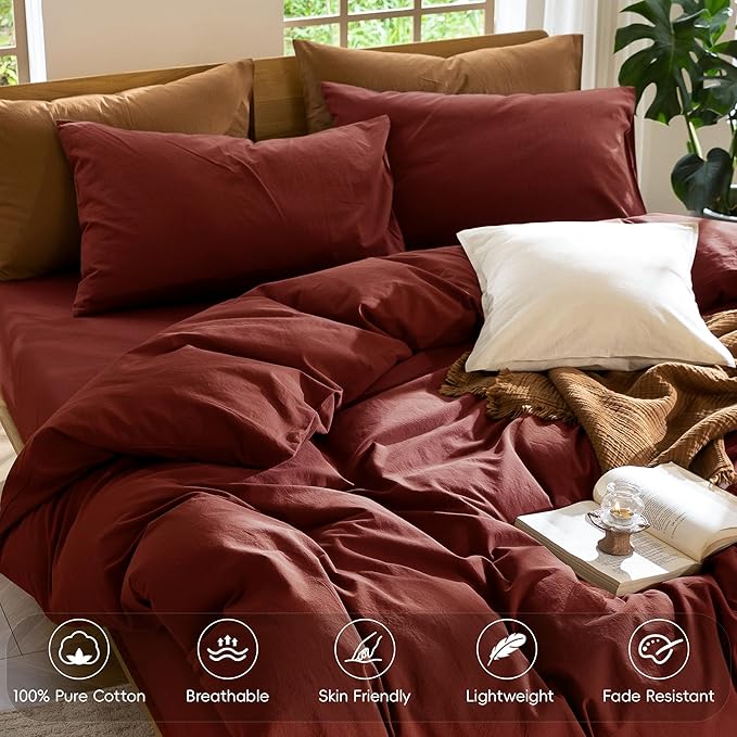 MooMee Bedding Duvet Cover Set 100% Washed Cotton Linen Like Textured Breathable Durable Soft Comfy (Solid Fired Brick Red, Twin 68"x90")