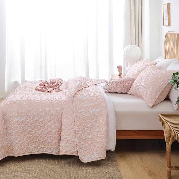 JANZAA Quilts Queen Size Blush Quilt Botanical with Floral Pattern Microfiber Bedspreads Queen Size 3 Pieces Lightweight Comforter Reversible Bedding Set with 2 Pillow Cases