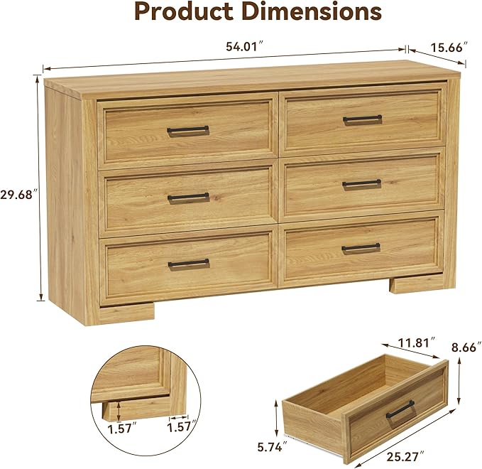 6 Drawer Dresser for Bedroom, 54" Wide Chest of Drawers with Metal Handle, Modern Storage Dressers Organizer for Living Room, Hallway, Natural Oak