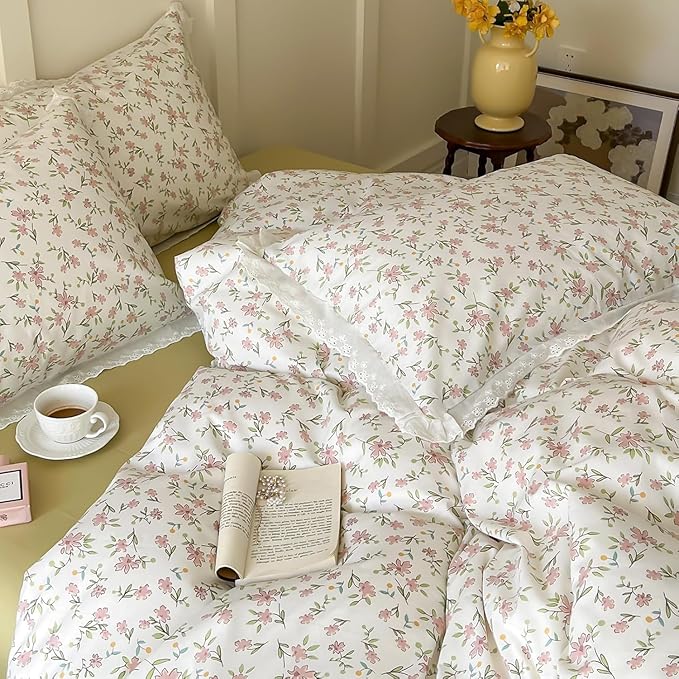LifeTB Ruffle Duvet Cover Twin 100% Cotton Pink Flower Duvet Cover Girls Princess Lace Bedding Set Vintage Floral Botanical Comforter Cover with Chic White Ruffle Lace Cute Floral Bedding Set Twin