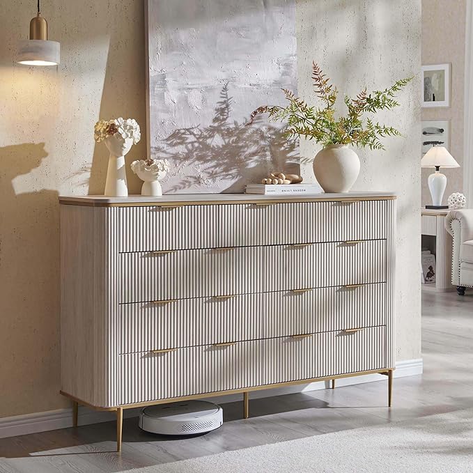 T4TREAM Fluted 9 Drawers Dresser, Modern Wooden Top Chest of Drawers with Curved Profile Design, Dresser TV Stand Drawer Organizers for Bedroom, Living Room, Hallway(White Alder)