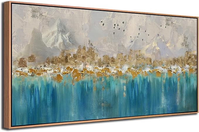 Arjun Framed Abstract Wall Art for Living Room Gold Blue Textured Extra Large Canvas Art Wall Decor Bedroom Painting, Modern Picture Grey Mountain Artwork Home Office Wall Decoration, 58"x29"