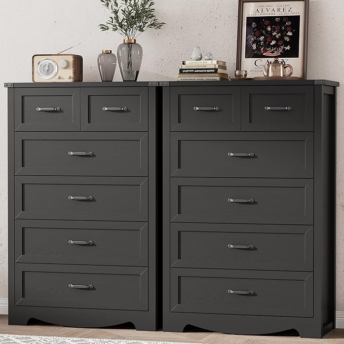 Dresser for Bedroom with 6 Drawers, 49" Tall Wood Chest of Drawers with Deep Drawers & Mental Handle, Modern Dresser TV Stand, Wooden Closet Storage Organizer for Living Room, Hallway, Entryway, Black
