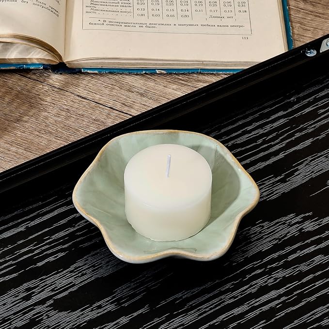 Koythin 2-Piece Ceramic Candle Holder, Aesthetics Candlestick Holders for Tea Lights, Lotus Leaf Shape Candle Stand for Mantle Table, Adorable Vintage Decor for Weddings Dining (Light Green)