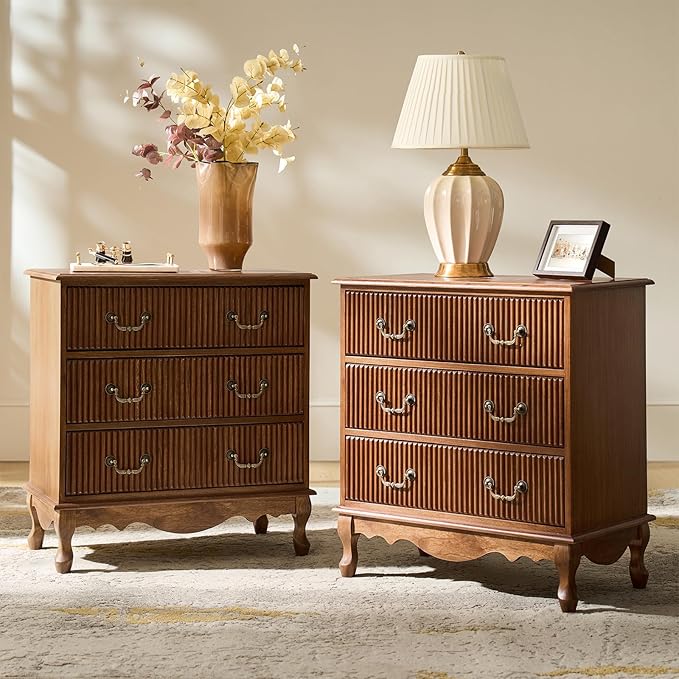 HULALA HOME Transitional Side Table Set of 2 with 3 Drawers and Charging Station, 28" Solid Paulownia Wood Sidetable with Vertical Stripe, Cherry