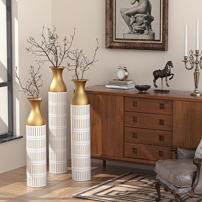 Metal Floor Vases Decorative, Set of 3 Flower Arrangement Stand, White Glazed Metal Decorative Vase Tall Distressed Metallic Centerpiece Vases, 33.5", 28.7", 24" H (White PU)
