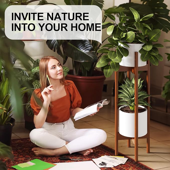 MUDEELA 2 Pack Indoor Plant Stands, 2 Tier Tall Plant Stand 30 inches, Mid Century Bamboo Plant Stand, Adjustable Width 8 - 12 inches, Fits Pot Size of 8 9 10 11 12 inches, Pot & Plant Not Included, Brown