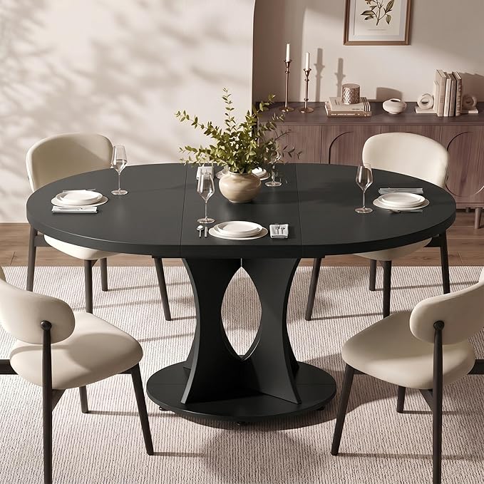 Einhomn 43-59" Extendable Round Dining Table, Kitchen Table for 4-8, Farmhouse Circle Dining Room Table with Removable Leaves,Hidden Storage, Space Saving Wood Kitchen & Dining Room Furniture, Black