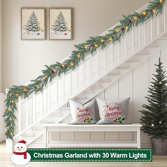 Artgar Christmas Cedar Garland, 6 Ft Realistic Pine Garland, Prelit Christmas Garland with 30 Warm Lights with 8 Light Modes for Mantels Stair Table Indoor Outdoor Winter Xmas Decor (White-Green)