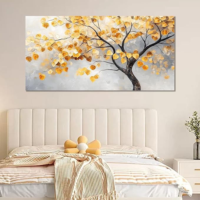 Tarfupth Gold Tree of Life Wall Art for Living Room Tree Leaves Large Artwork for Bedroom Office Kitchen Modern Canvas Prints 29x58 Inch