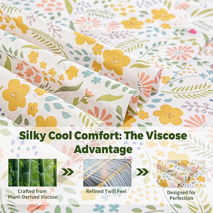 Bedlifes Queen Floral 4-Piece Sheet Set - Cooling Sheets Blend Rayon Derived from Bamboo,Soft & Breathable, Deep Pocket 16", Wrinkle Resistant - Featuring Floral