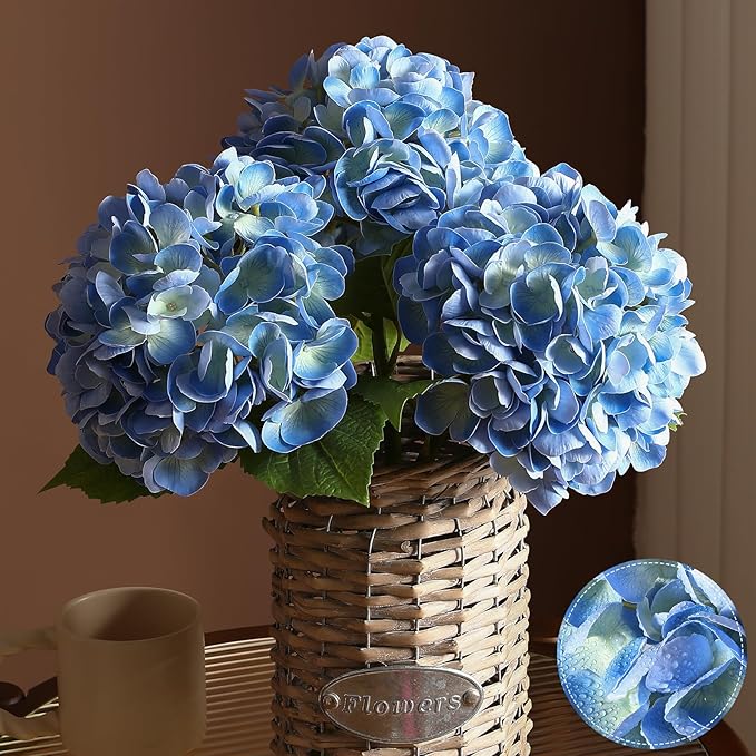 3Pcs Hydrangea Artificial Flowers, 22.44" Real Touch Latex Faux Hydrangea with Long Stems & Leaves for Home Office Decor or Wedding, Party, Centerpieces, Floral Arrangements (Blue)