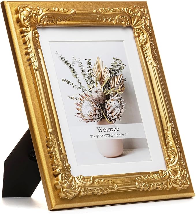 7x9 Gold Picture Frame with Baroque Flower Trim, Solid Wood with Real Glass, Display 7x9 Photos Matted to 5x7, Vertical and Horizontal Desk Tabletop or Wall Hanging,Ornate Vintage Style