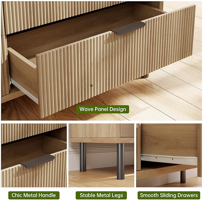 GarveeHome Oak Fluted 3 Drawers Dresser, Wide Wood Chest of Drawers, Modern Storage Dresser Chest of Drawers Organizer with Metal Legs and Anti-Tipping Device for Bedroom Living Room