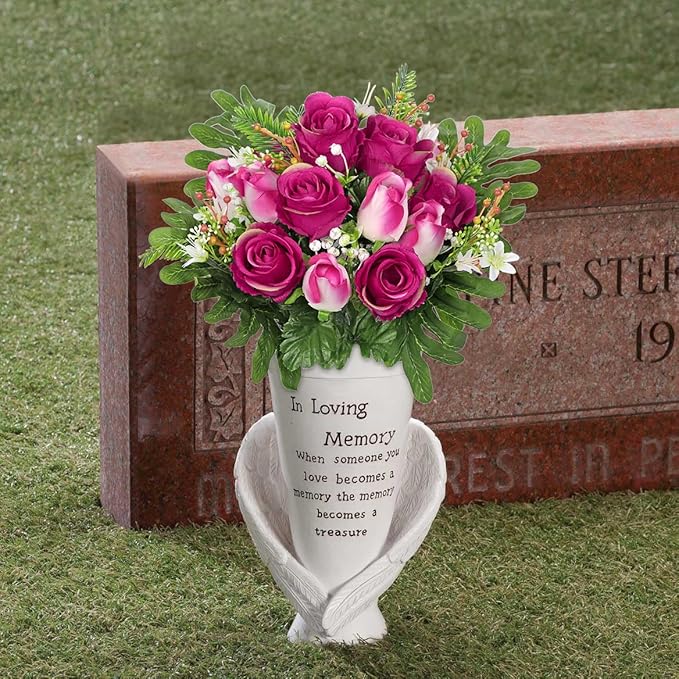 Hollyone Set of 2 Artificial Cemetery Flower for Graves Red Rose Cemetery Memorial Flowers for Outdoor Grave Decorations Silk Flower Arrangements Floral Flowers Bouquets