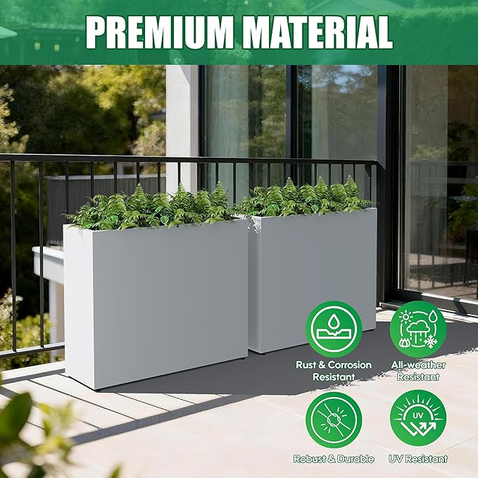 Large Metal Planter Box for Outdoor 30" Lx10“Wx24”H, Tall Rectangular Planters for Outdoor Patio/Porch/Cafe, All-Weather Durable Galvanized Steel, Modern Design for Plants, Flower,Garden, White