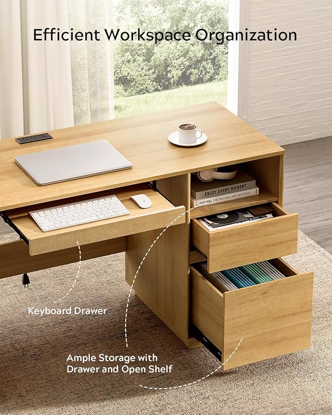 Home Office Desk, 47" Farmhouse Executive Desk with File Drawer & Outlet, Wood Computer Desks with Keyboard Tray, Workspace for Study Writing, Natural Oak