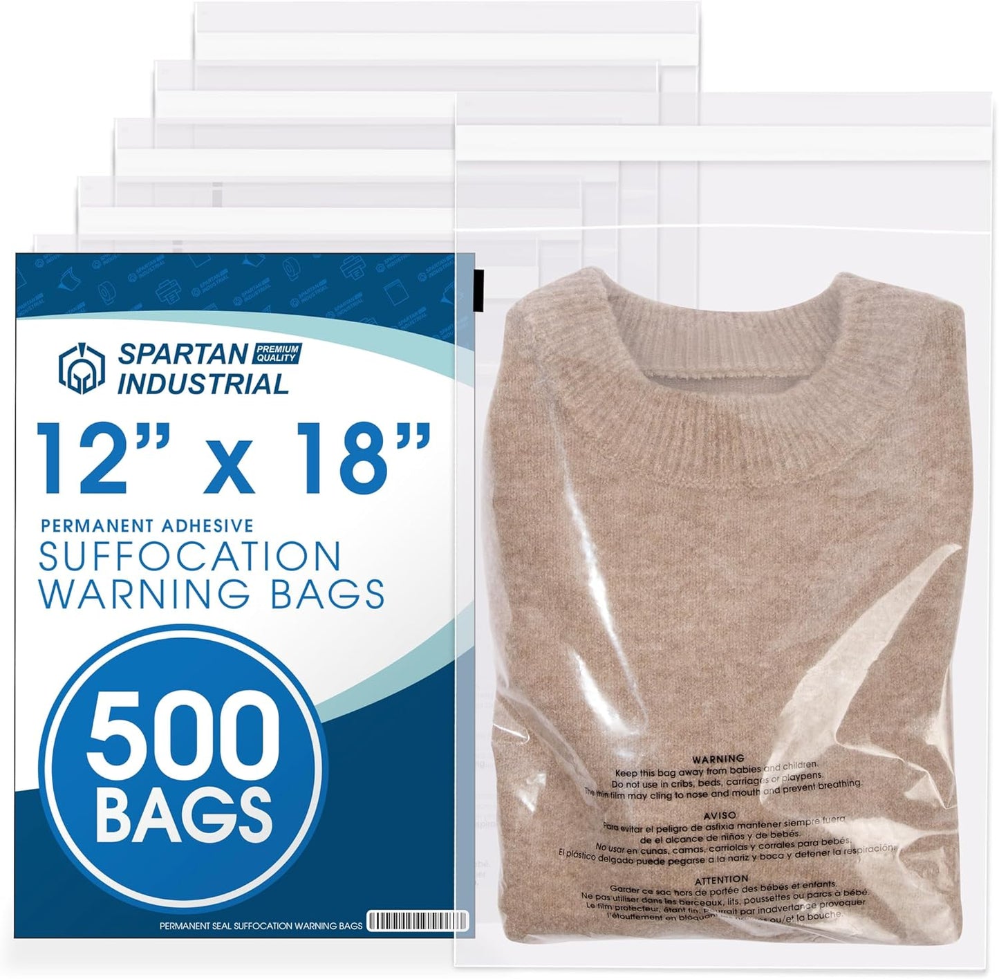 Spartan Industrial - Self-Seal Clear Poly Bags | 12" X 18" | 500 Count with Suffocation Warning