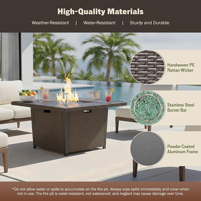 42'' Propane Fire Pit Table, 50,000 BTU Outdoor Gas Fire Table with Lid, Square Aluminum Fire Table with Wind Guard and Weather Cover, 2 in 1 Rattan Firepit Table for Outside Patio, Backyard, Gray