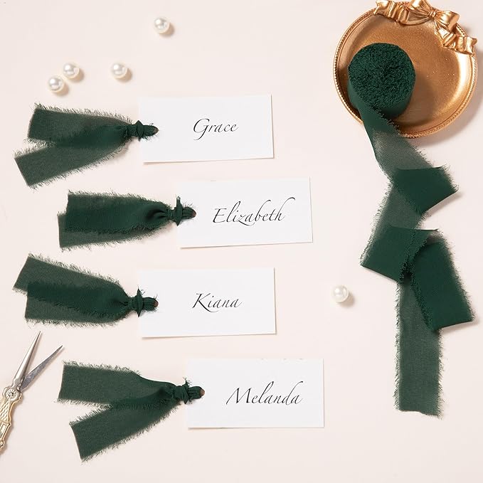 DORIS HOME Dark Green Chiffon Ribbon for Flower Bouquet, 1" x21Yd Fabric Ribbon for Gift Wrapping, Handmade Frayed Ribbon for Wedding Invitations/Christmas Decorations