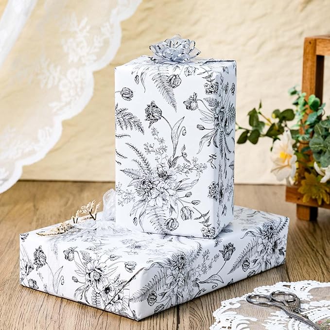 Yarcony Black and White Wrapping Paper, Floral Gift Wrapping Paper Roll, Elegant Black Lined Flowers Gift Wrap for Birthday,Wedding, Baby Shower,Christmas,Bridal Shower,Mother's Day (17 In X 16.5 Ft)