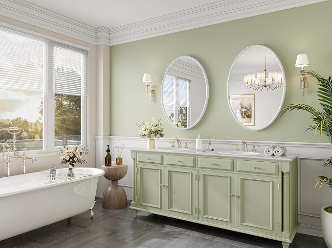 Oval Bathroom Mirror, 24x36 Inch Floral White Oval Mirrors for Wall, White Metal Floral Frame Mirrors for Bedroom Living Room Hallway, Hangs Horizontally or Vertically