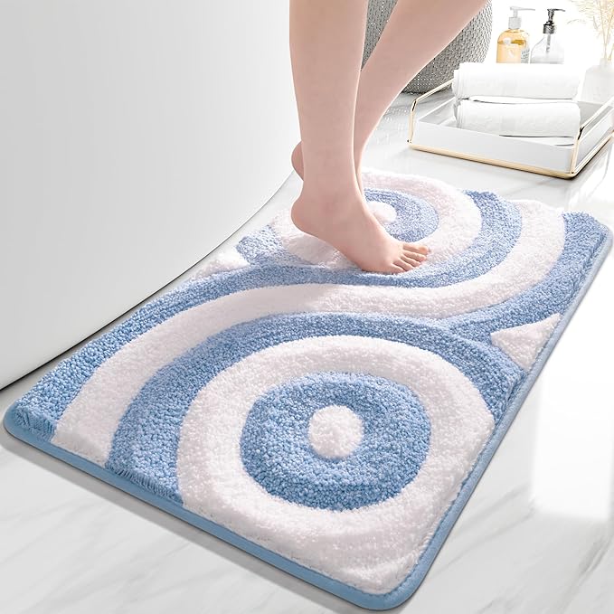 QJHOMO Blue and White Cute Bathroom Rugs Non Slip Bath Mat Modern Aesthetic Bathroom Decor, Geometric Striped Bath Rug Fluffy Floor Mats, Thick Microfiber Carpet Super Absorbent Bathmat (20x32 inch)