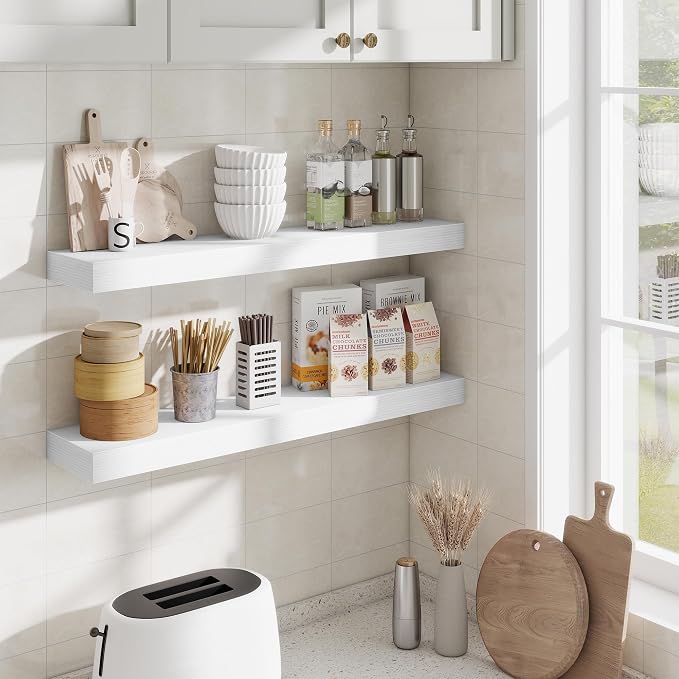 Fun Memories Bathroom Shelves 32 Inch Long Set of 2, Floating Shelves for Wall with Invisible Brackets, for Bedroom, Living Room, Kitchen, White