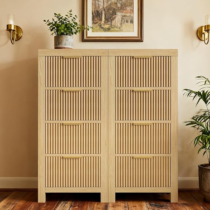 Modern 8-Drawer Solid Wood Dresser with Fluted Front & Gold Handles, Multifunctional Tall Storage Chest, for Hallway, Entryway, Natural X2