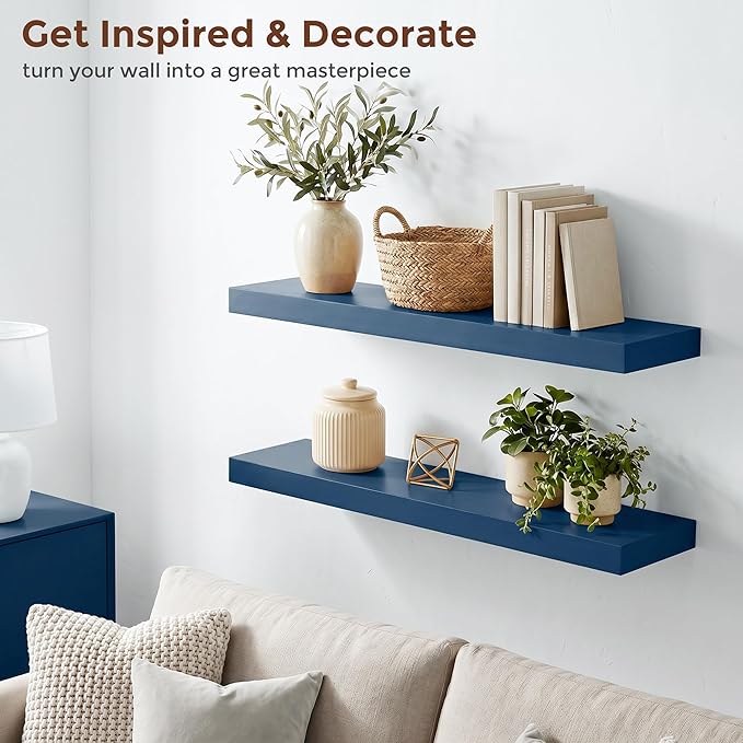 fuqing Dark Blue Floating Shelves | 24 Inch Floating Shelves for Wall Set of 2 | 24" W x 6.7" D x 1.4" H Blue Shelves for Bathroom Living Room Bedroom Kitchen