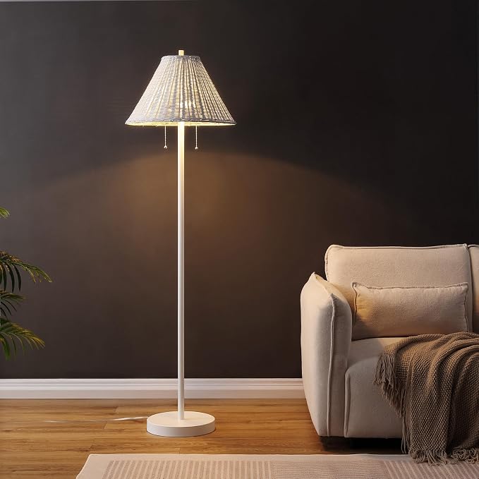 JONATHAN Y 61" White 2-Light Coastal Bohemian LED Floor Lamp for Living Room, Brown Rattan Shade, Mid-Century Modern Tall Standing Lamp, Pull-Chain, LED Bulbs Included (JYL3092B)