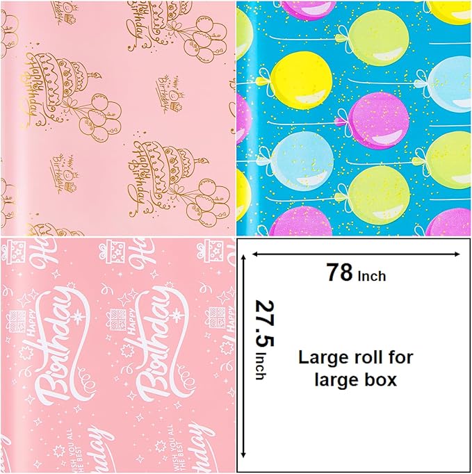 Linnoptimix Birthday Wrapping Paper Rolls -3 LARGE ROLL-27inch*78 inch per roll Colorful Foil Pink Blue wrapping paper (Birthday Blue/Pink/Light Pink （015）)