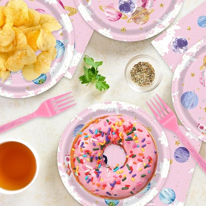 48pcs Pink Space Party Decoration Set,16 Dessert plate,16 Napkin And 16 Fork,16 persons Disposable tableware,Used Galaxy Space Planet Astronauts Birthday Party Supplies (Multicolor 18)