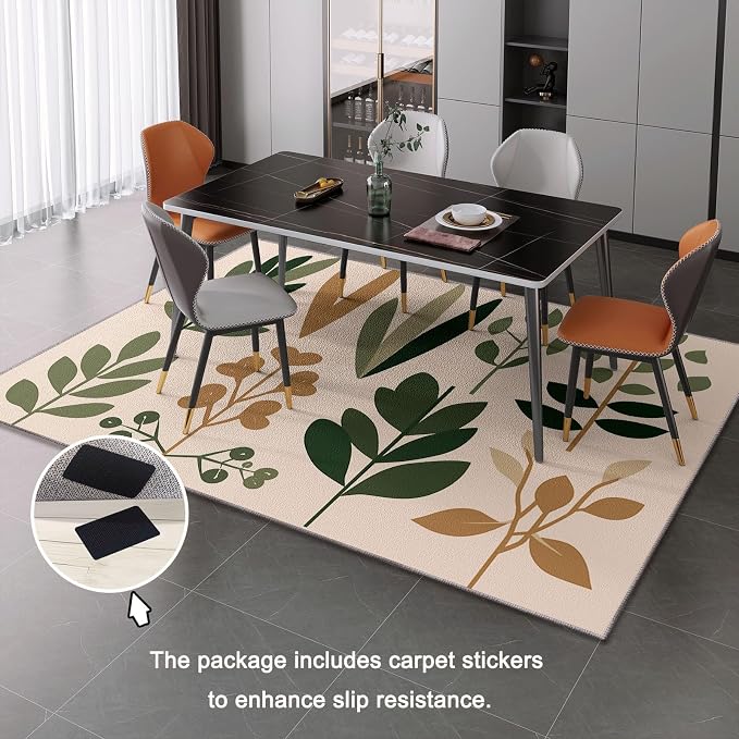 Area Rugs for Living Room, 5x7 Washable Rug Green Soft Low Pile Non-Slip Carpet Stain Resistant Carpets for Bedroom Dining Room Farmhouse Nursery, Retro Leaves Bohemian Plants