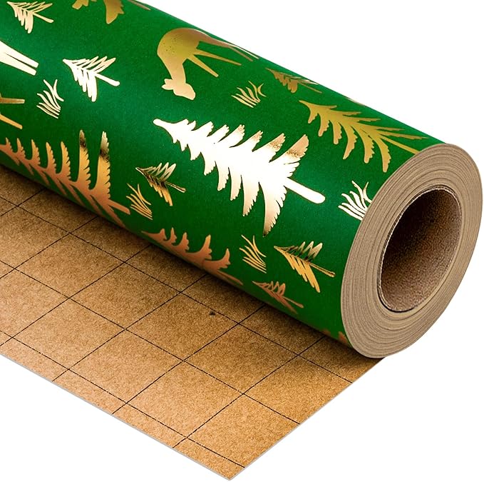 Yarcony Christmas Wrapping Paper Roll, Green Gift Wrapping Paper, Recycled Festive Gold Foil Reindeer, Winter Tree Theme Thick Kraft Christmas Gift Wrap for Winter Celebration (17 Inch X 33 Feet)