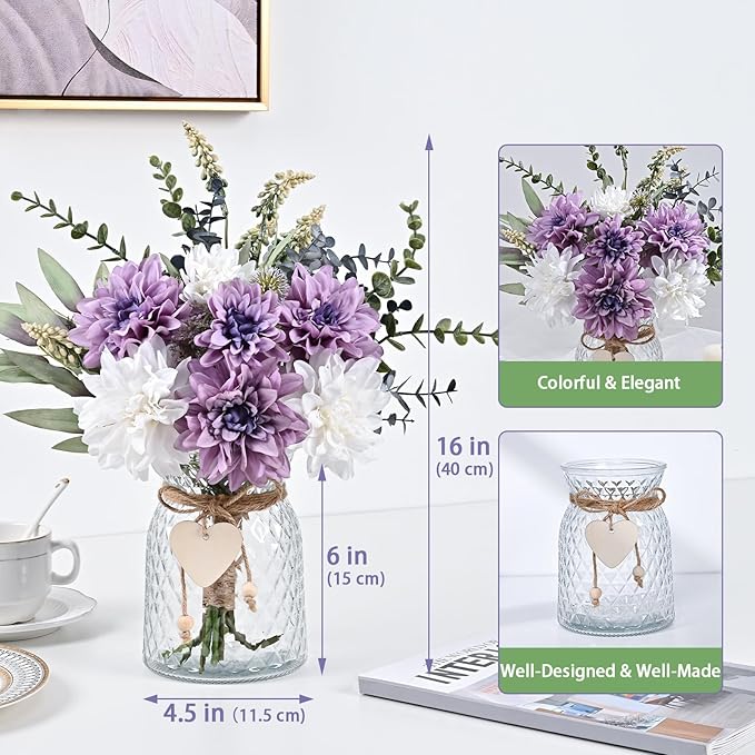 MARTINE MALL Fake Flowers in Vase, Faux Flowers in Vase, Dahlia Artificial Flowers in Vase Centerpiece Table Decorations Artificial Flower Arrangement for Home Dining Room Office Farmhouse