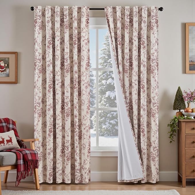 jinchan Blackout Floral Curtains Linen Blend Curtain for Living Room 84 Inch Length Christmas Brick Red Flower Printed Drapes for Bedroom Rod Pocket Back Tab Farmhouse Curtains Set 2 Panels