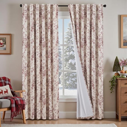 jinchan Blackout Floral Curtains Linen Blend Curtain for Living Room 84 Inch Length Christmas Brick Red Flower Printed Drapes for Bedroom Rod Pocket Back Tab Farmhouse Curtains Set 2 Panels