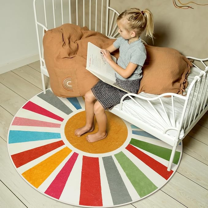 STARUIA Small Round Rug 4 Ft Washable Round Rug for Kids Room, Colorful Sun Circle Rug for Playroom, Non-Slip Circular Office Carpet Soft Rainbow Rug for Bedroom Reading Corner Dorm