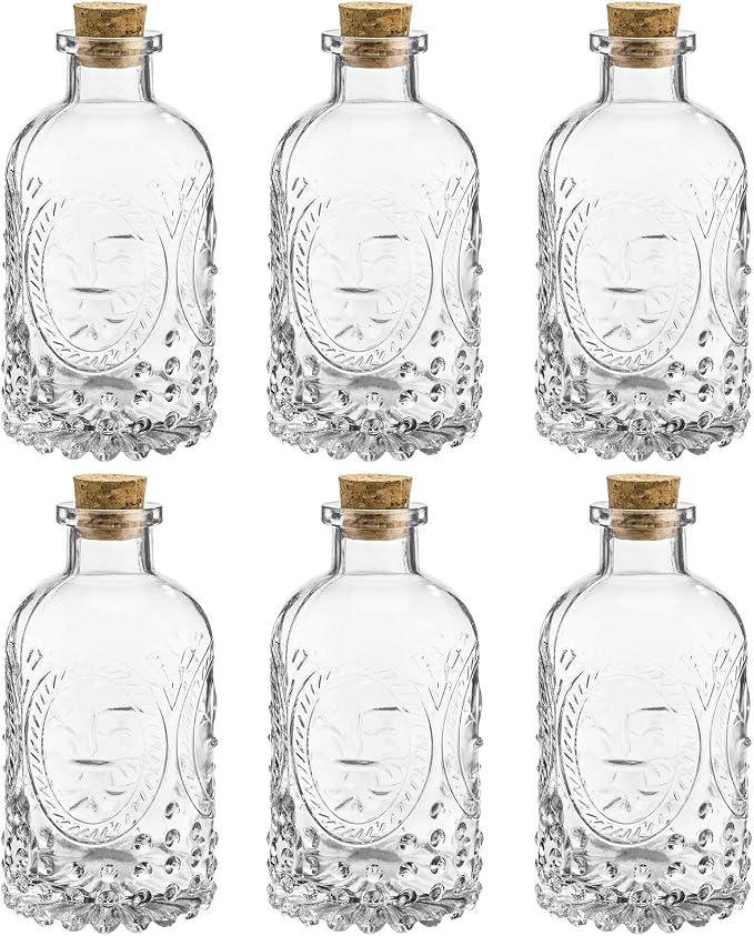 MyGift Vintage Design Embossed Fleur De Lis Clear Glass Bottles with Cork Lid, Apothecary Flower Bud Vases, Set of 6