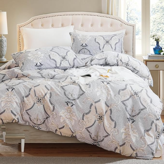 100% Natural Cotton Duvet Cover Set King 3 Pcs Grayish Duvet Cover with Luxurious Damask Pattern, Reversible Breathable Soft Comforter Cover Sets with Zipper Closure All Season